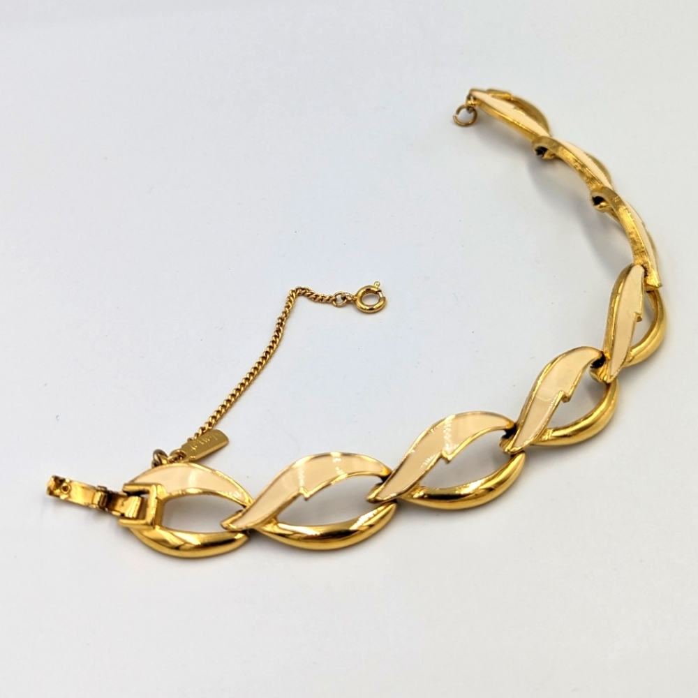 Vintage Monet Link Bracelet Cream Enamel Gold Tone Safety Chain Fold Clasp